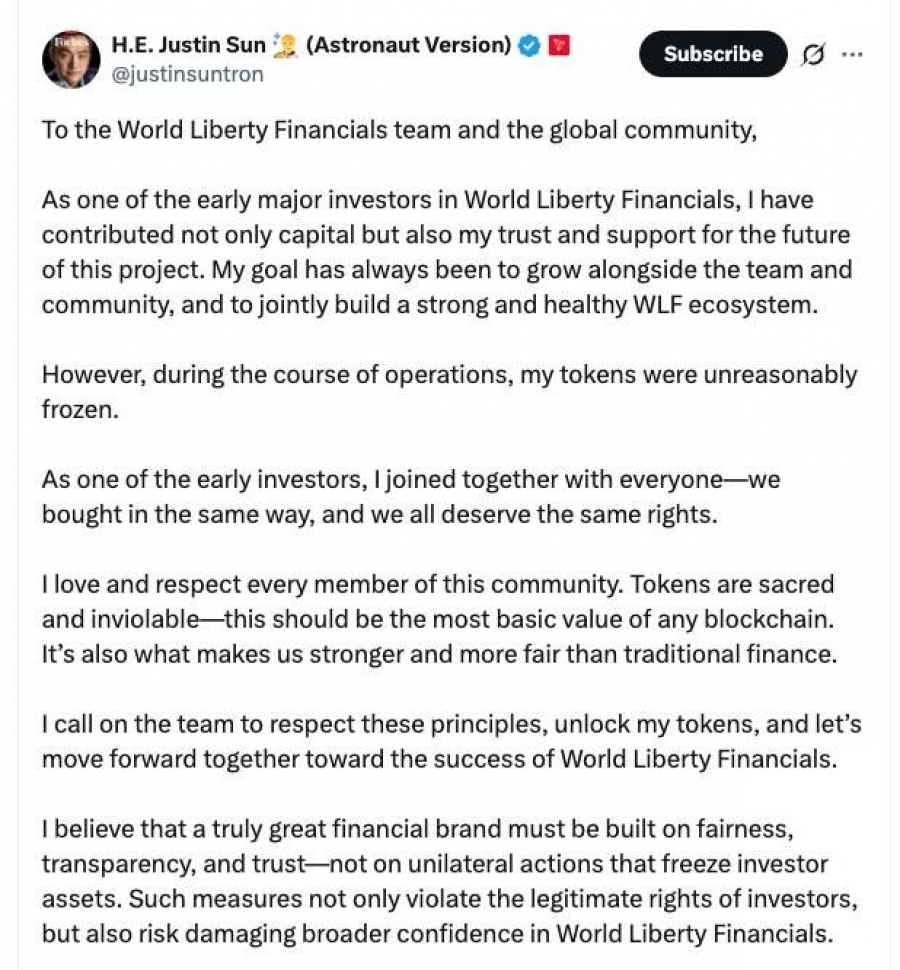 جاستین سان خواستار رفع یخ‌زدگی توکن‌های WLFI شد