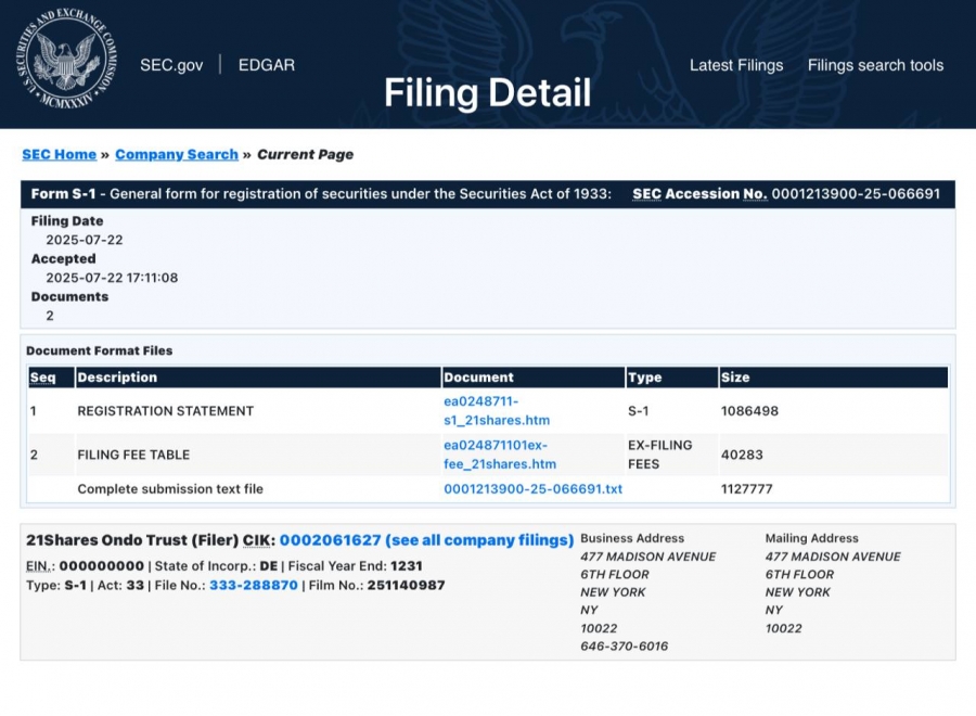 درخواست 21Shares برای ETF رمزارز ONDO  ‏
