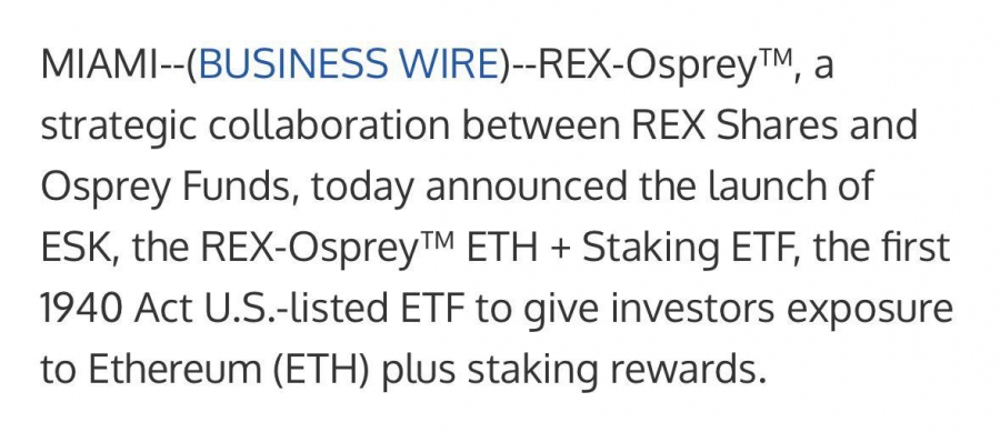 راه‌اندازی اولین ETF استیکینگ اتریوم در آمریکا توسط REX-Osprey
