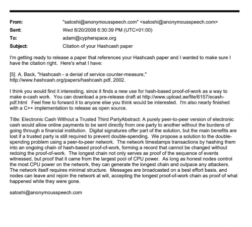 ۱۷ سال پیش: اولین ارتباط ساتوشی با آدام بک درباره بیت‌کوین